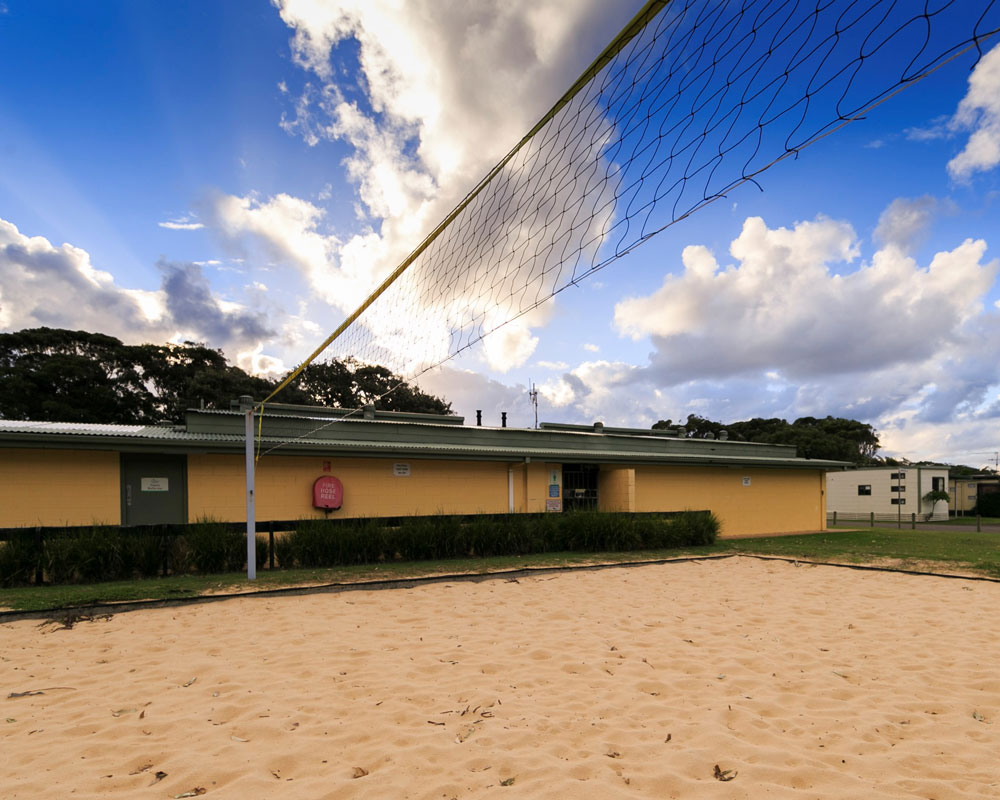 Beach volleyball court at Hawks Nest caravan park