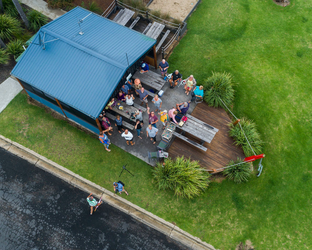 An aerial photo of a BBQ area at Bermagui Tourist Park