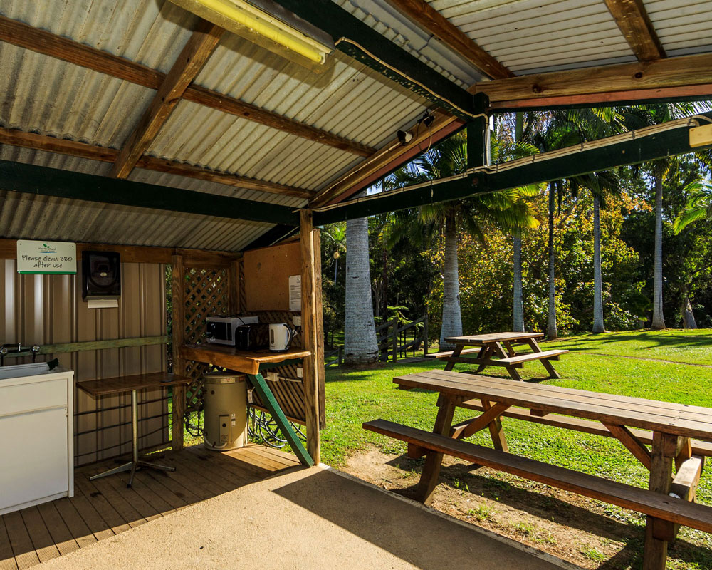 Covered BBQ area and camp kitchen at Nambucca Heads caravan park